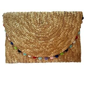 SHIRALEAH Chicago Straw Envelope Clutch Woven Pompom Trim Boho Resort Summer Bag